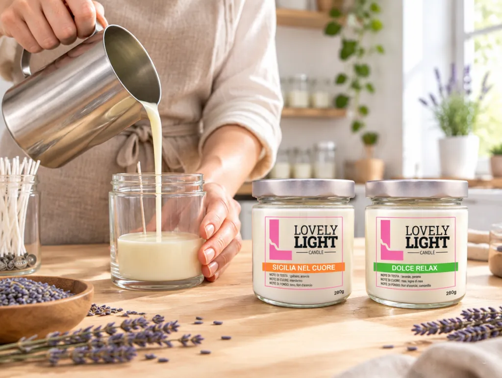 Colata a mano della cera vegetale nel laboratorio Lovely Light