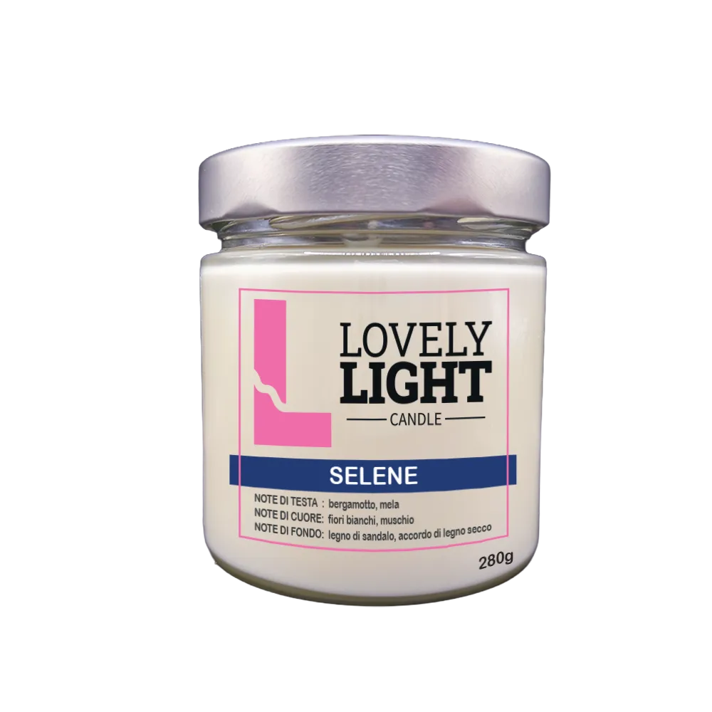 Candela profumata Selene Lovely Light in cera vegetale, barattolo di vetro da 280 g