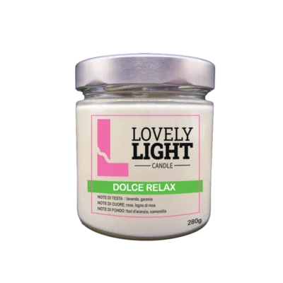 Candela profumata Dolce Relax Lovely Light in cera vegetale, barattolo di vetro da 280 g