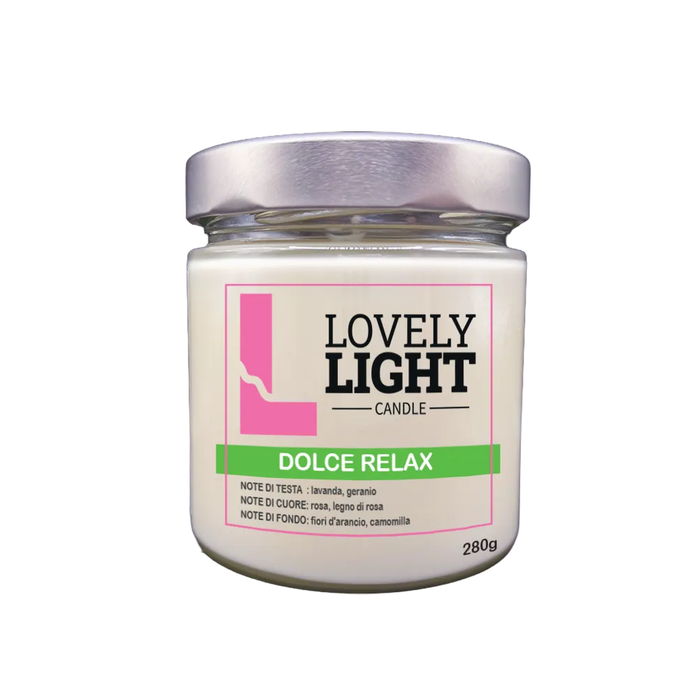 Candela profumata Dolce Relax Lovely Light in cera vegetale, barattolo di vetro da 280 g