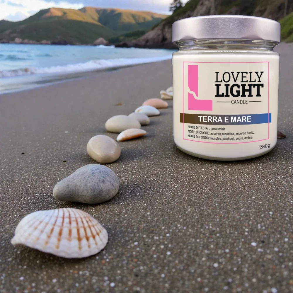 Candela Terra e Mare Lovely Light sulla sabbia in riva al mare tra conchiglie e sassi