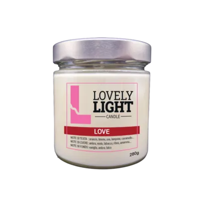 Candela profumata Love Lovely Light in cera vegetale, barattolo di vetro da 280 g