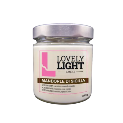 Candela profumata Mandorle di Sicilia Lovely Light in cera vegetale, barattolo di vetro da 280 g