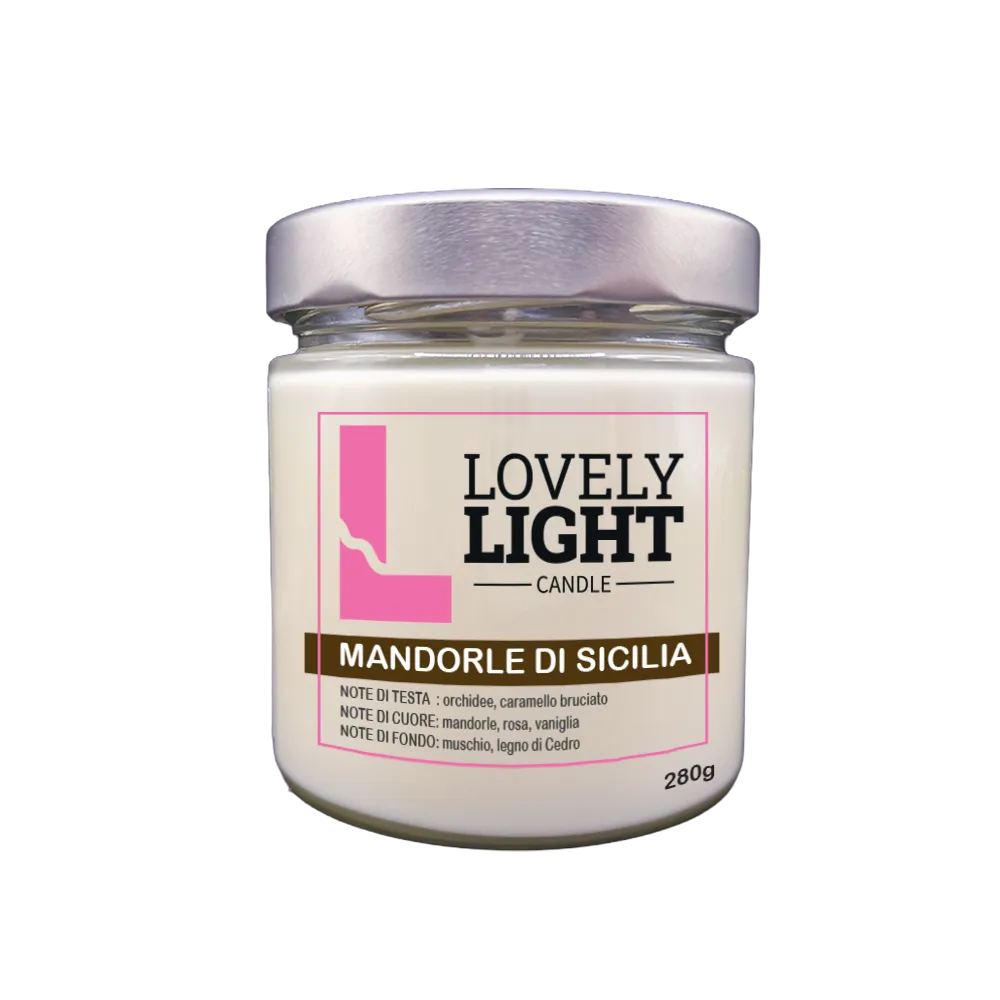 Candela profumata Mandorle di Sicilia Lovely Light in cera vegetale, barattolo di vetro da 280 g