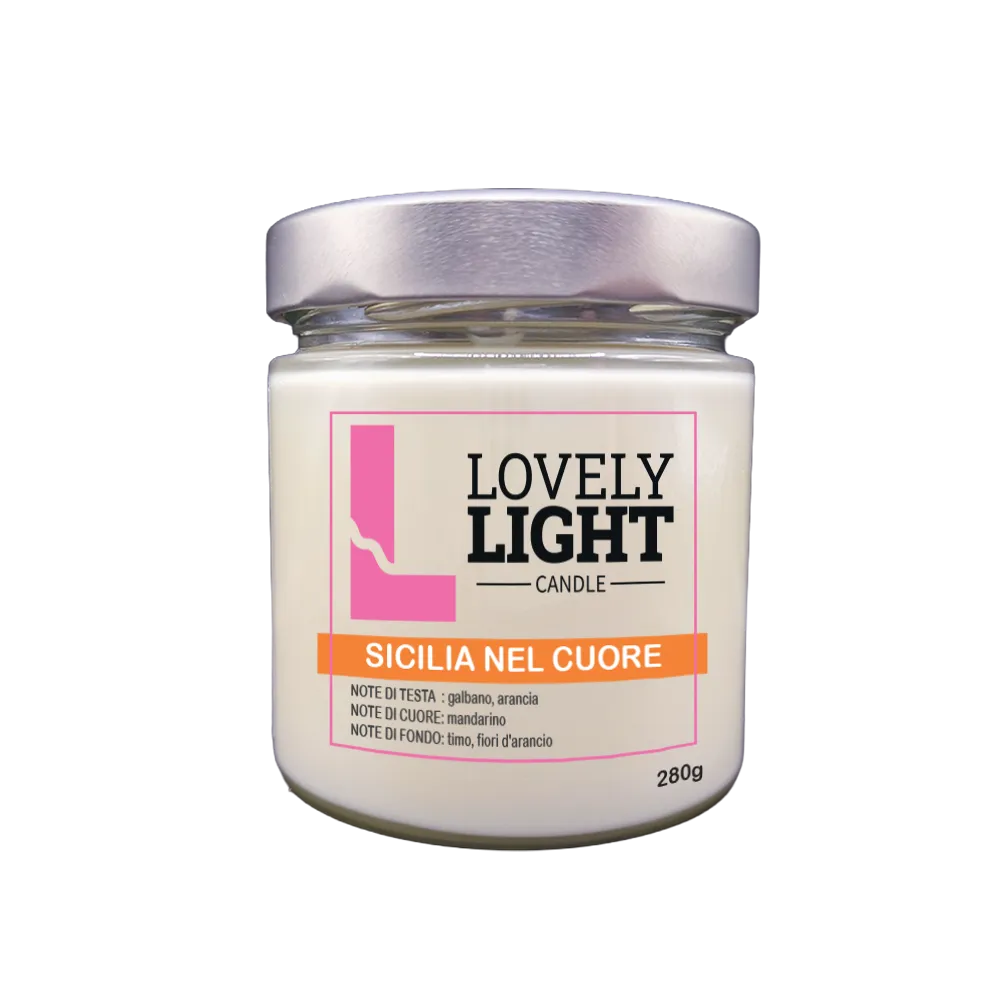 Candela profumata Sicilia nel Cuore Lovely Light in cera vegetale, barattolo di vetro da 280 g
