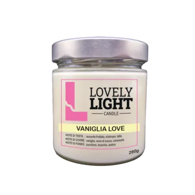 Candela profumata Vaniglia Love Lovely Light in cera vegetale, barattolo di vetro da 280 g
