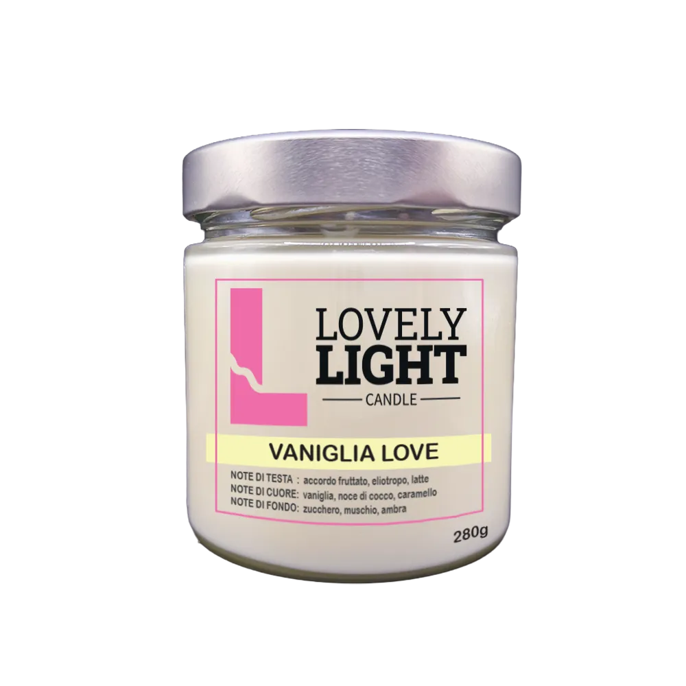 Candela profumata Vaniglia Love Lovely Light in cera vegetale, barattolo di vetro da 280 g