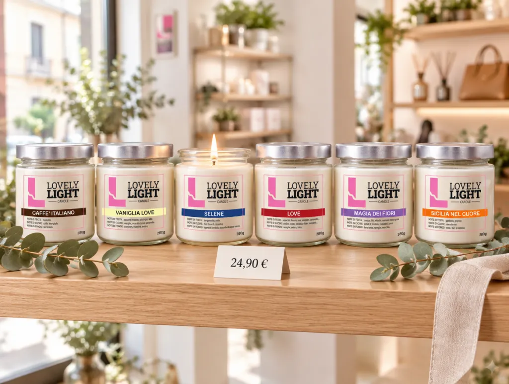 Candele Lovely Light esposte sullo scaffale di una boutique