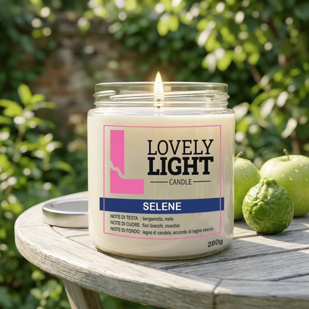 Candela Selene Lovely Light accesa su un tavolo in giardino con mele e bergamotto
