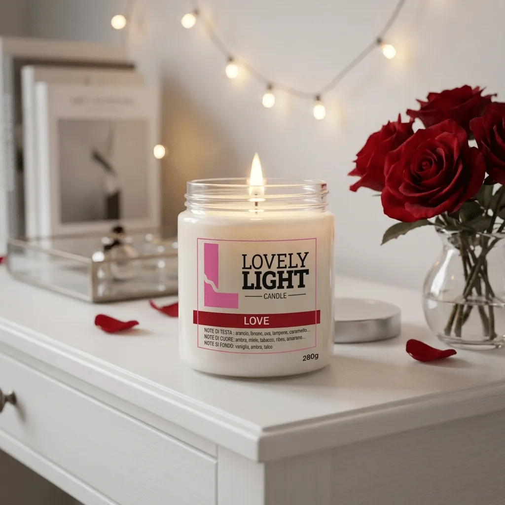 Candela Love Lovely Light accesa con rose rosse e lucine