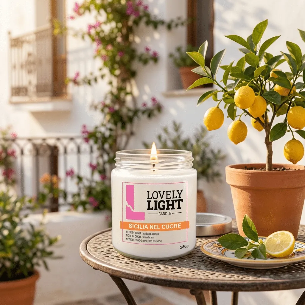 Candela Sicilia nel Cuore Lovely Light accesa su un balcone accanto a un limone
