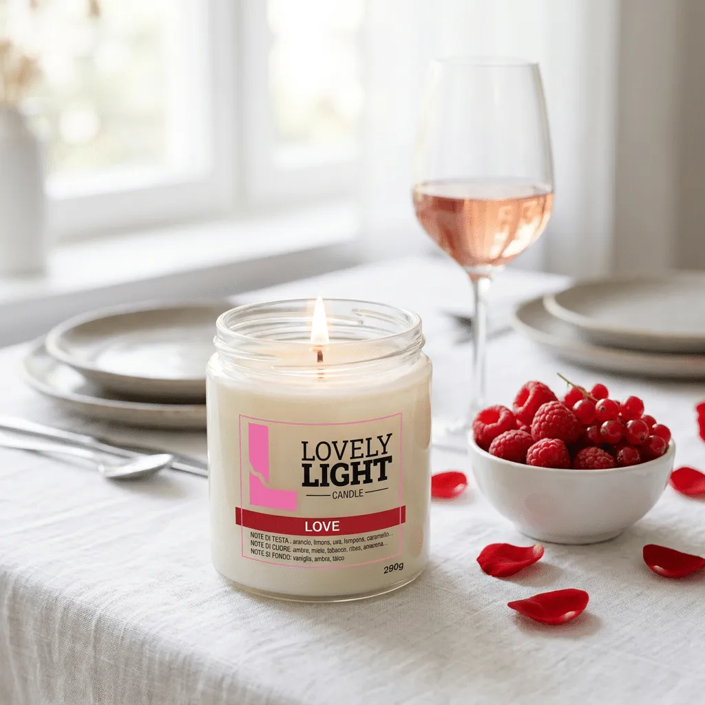 Candela Love Lovely Light accesa su una tavola romantica con frutti rossi