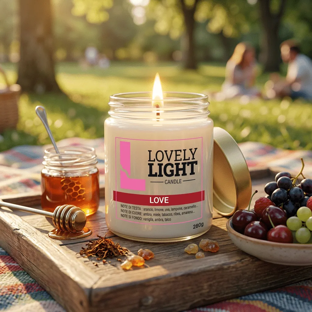 Candela Love Lovely Light accesa durante un picnic con miele e ciliegie