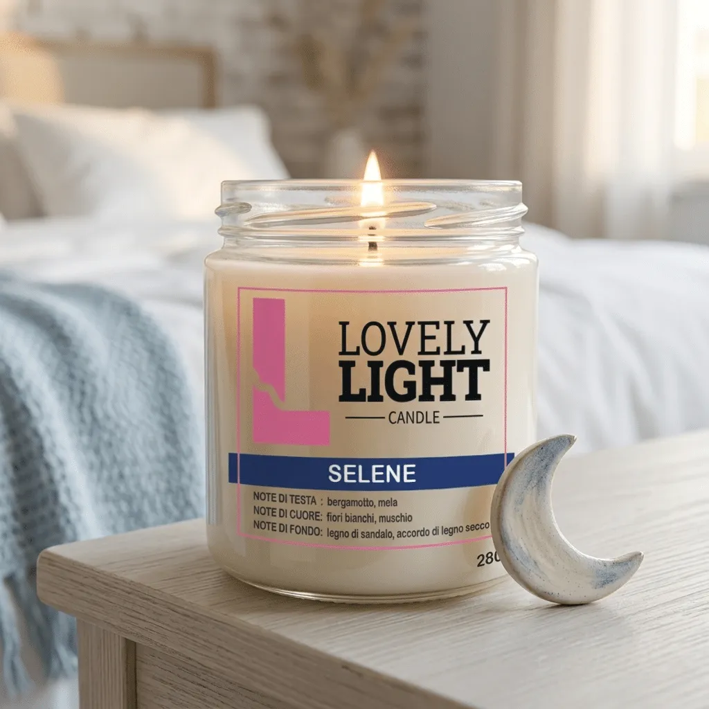 Candela Selene Lovely Light accesa in camera da letto