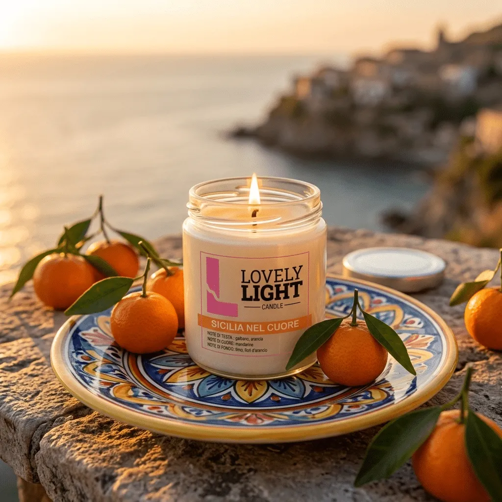 Candela Sicilia nel Cuore Lovely Light accesa su una ceramica siciliana con vista mare