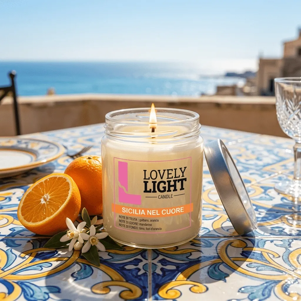 Candela Sicilia nel Cuore Lovely Light accesa su una terrazza siciliana con arance e maioliche