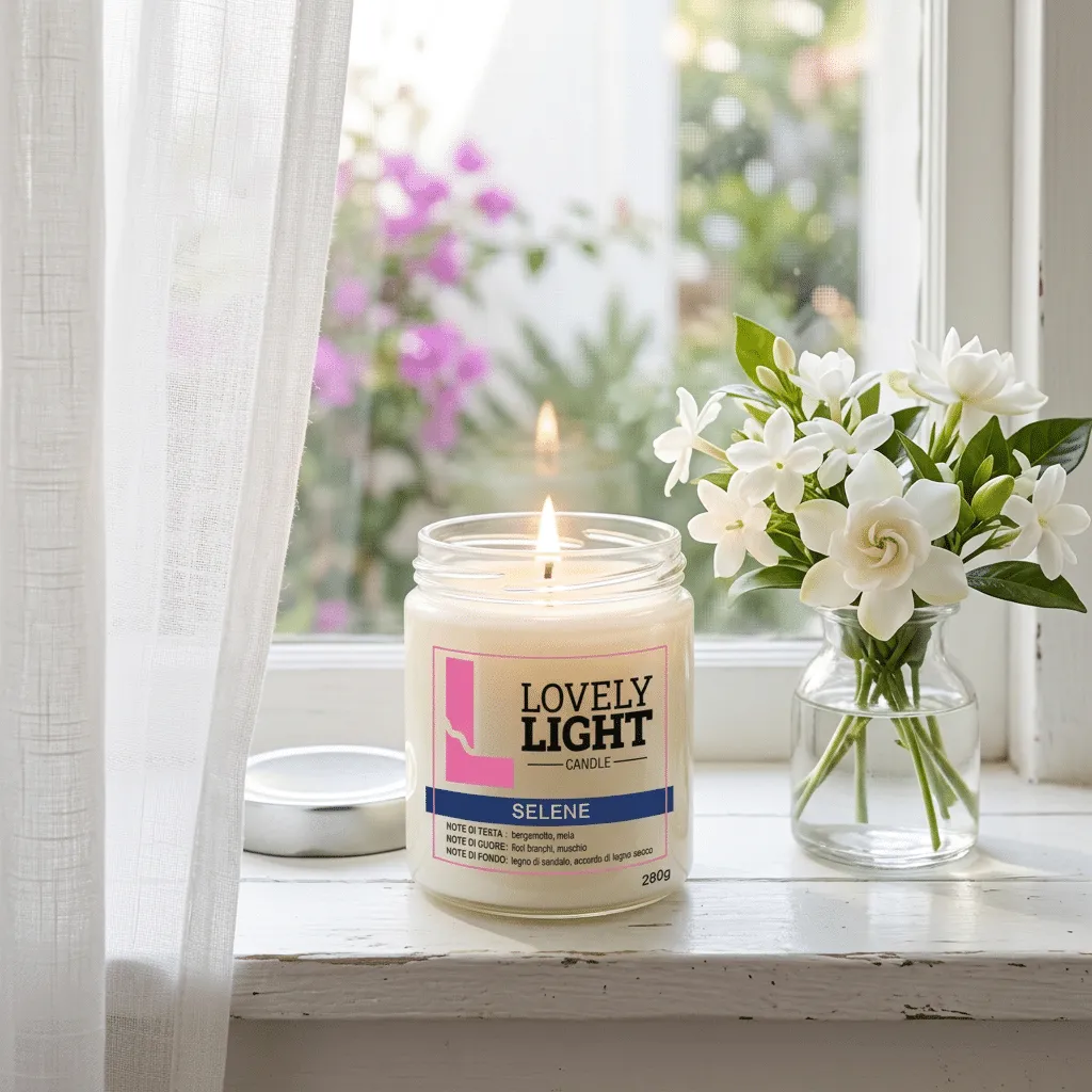Candela Selene Lovely Light accesa su un davanzale con fiori bianchi