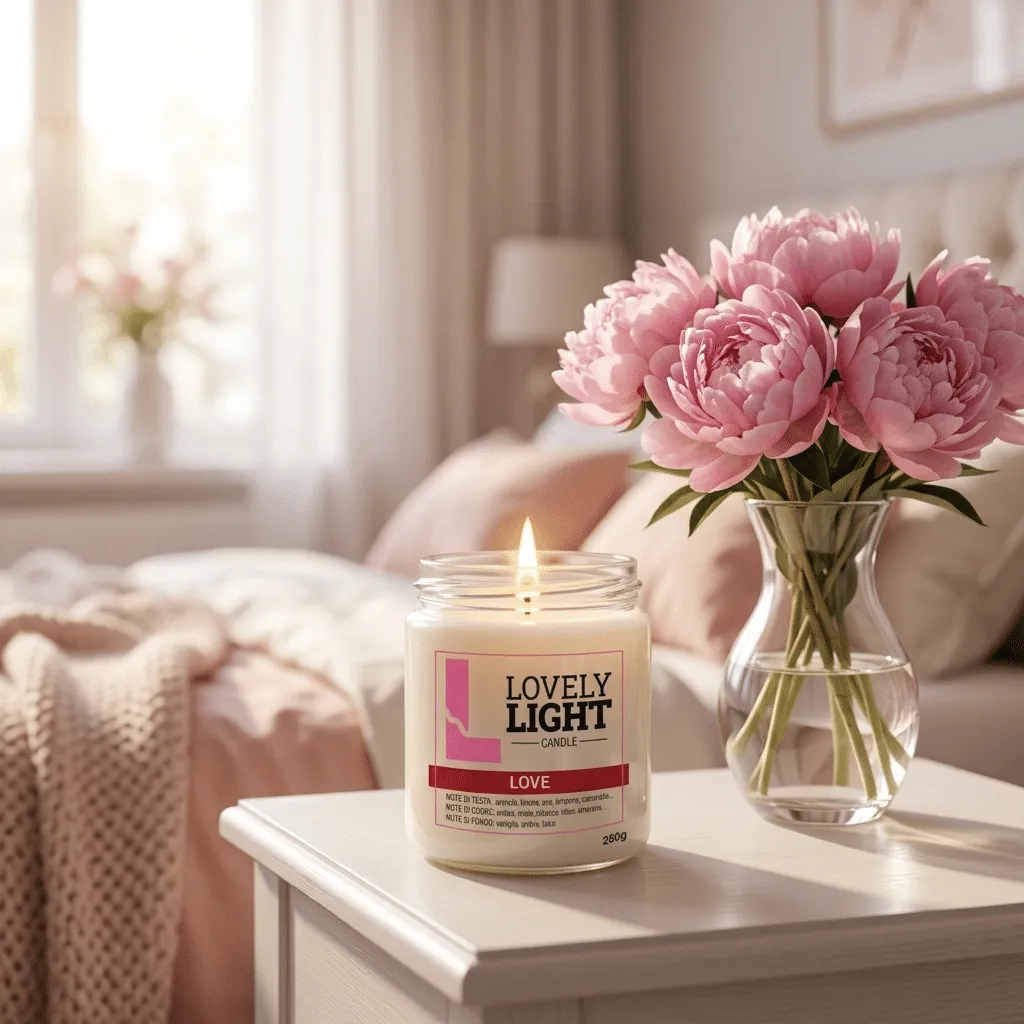 Candela Love Lovely Light accesa sul comodino con peonie rosa