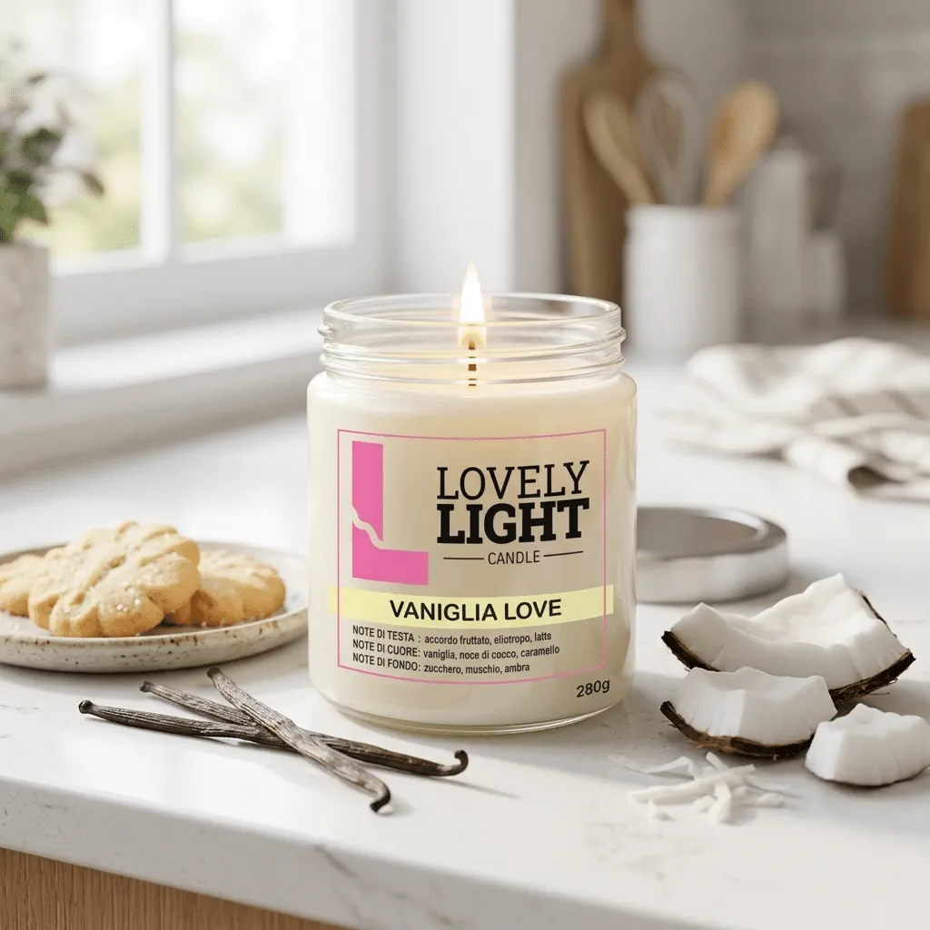 Candela Vaniglia Love Lovely Light accesa in cucina con bacche di vaniglia e biscotti