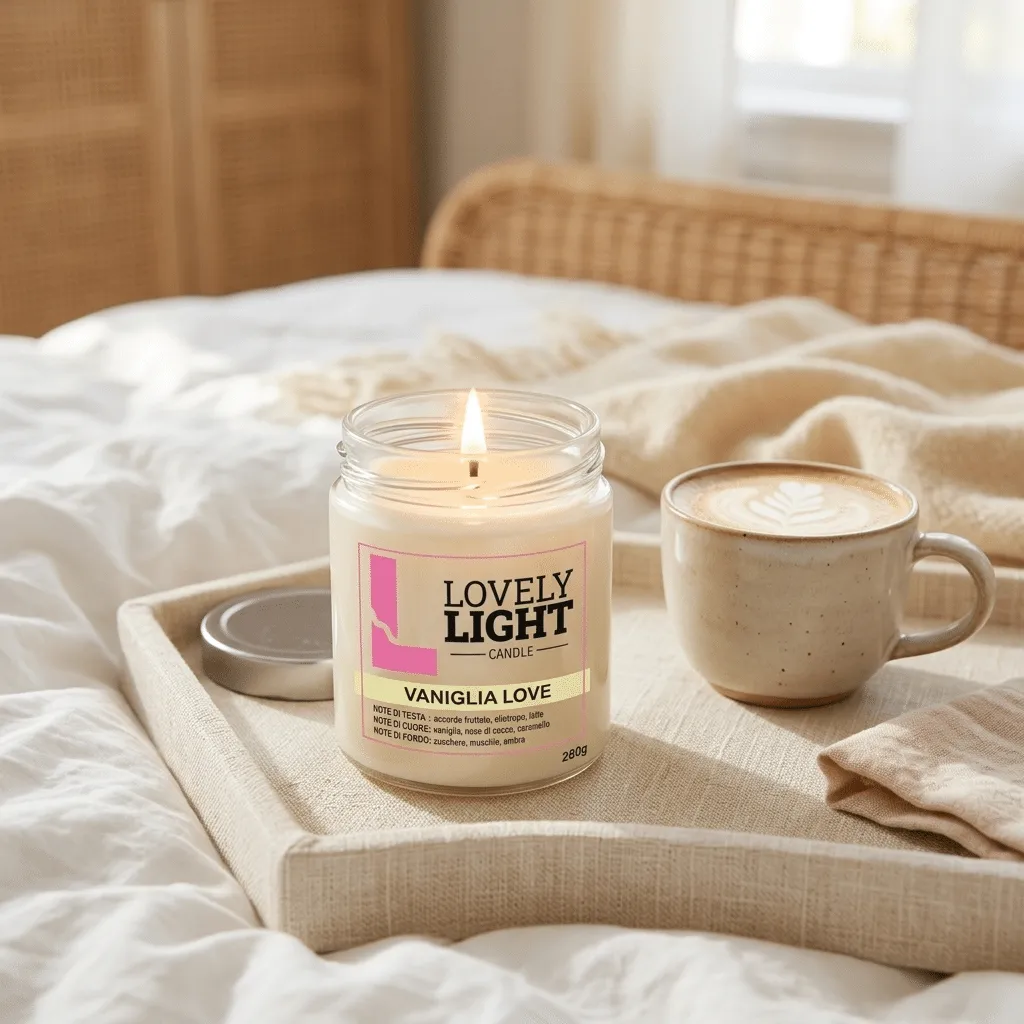 Candela Vaniglia Love Lovely Light accesa su un vassoio in camera da letto