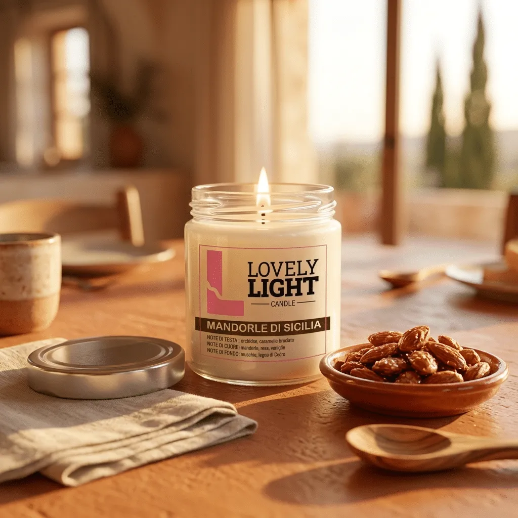 Candela Mandorle di Sicilia Lovely Light accesa su un tavolo al tramonto con mandorle caramellate