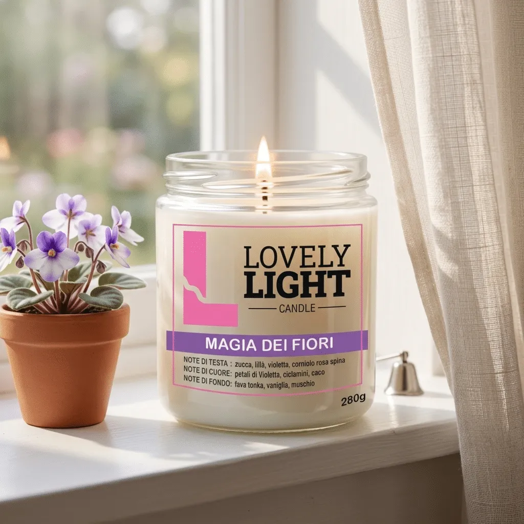 Candela Magia dei Fiori Lovely Light accesa su un davanzale con violette