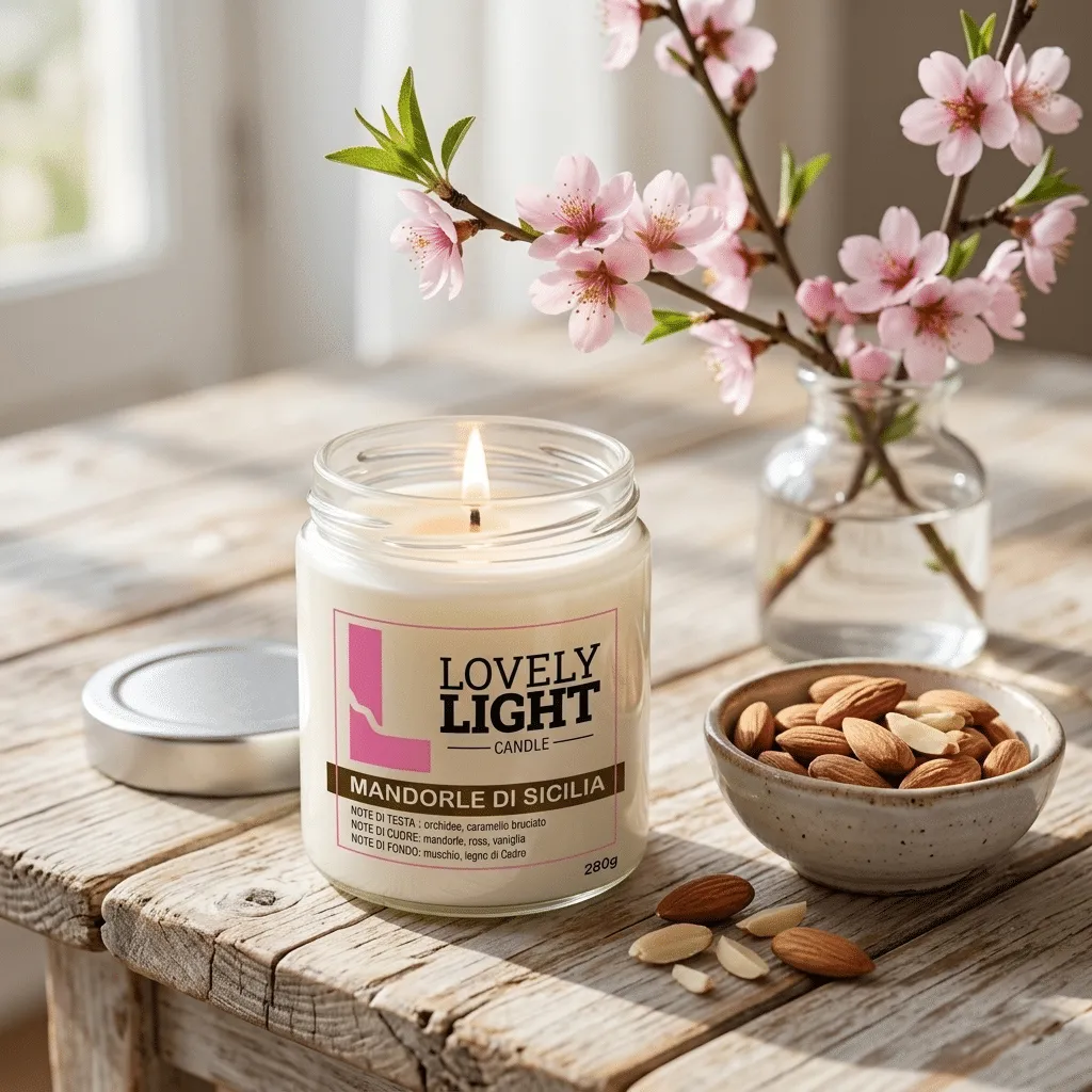Candela Mandorle di Sicilia Lovely Light accesa con mandorle e rami di mandorlo in fiore