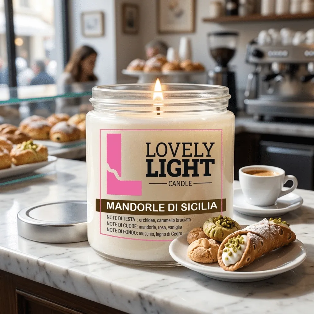 Candela Mandorle di Sicilia Lovely Light accesa in pasticceria con cannolo e caffè