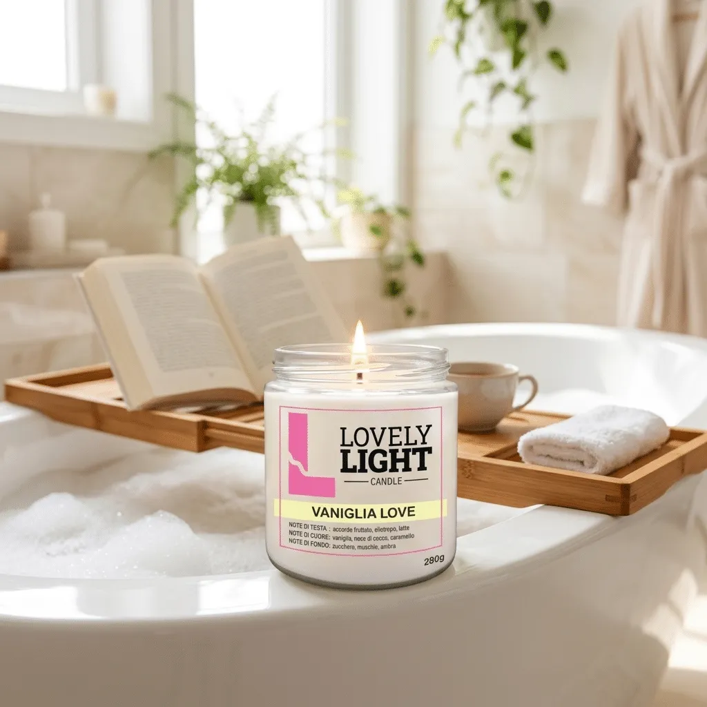 Candela Vaniglia Love Lovely Light accesa sul bordo della vasca da bagno