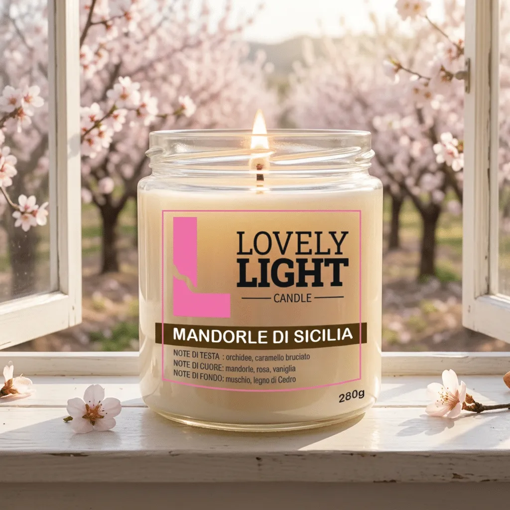 Candela Mandorle di Sicilia Lovely Light accesa su un davanzale affacciato su un mandorleto