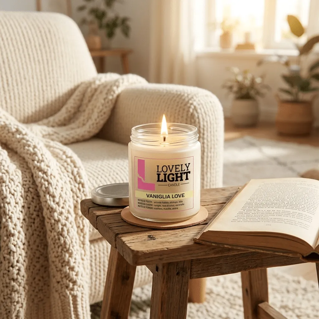 Candela Vaniglia Love Lovely Light accesa accanto a una poltrona con coperta e libro