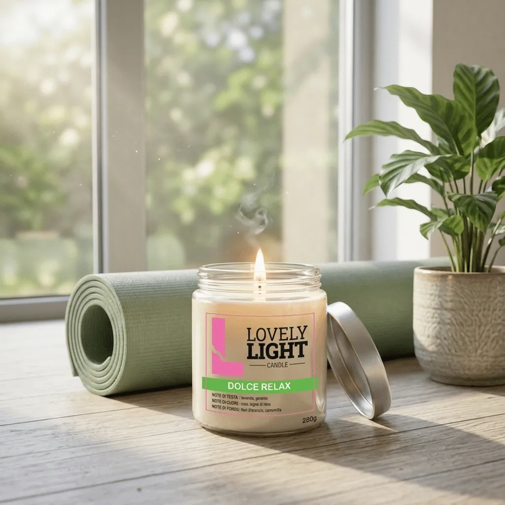 Candela Dolce Relax Lovely Light accesa accanto a un tappetino da yoga