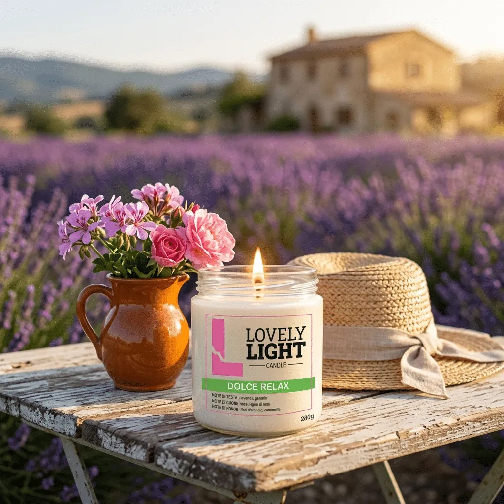 Candela Dolce Relax Lovely Light accesa su un tavolo provenzale tra i campi di lavanda