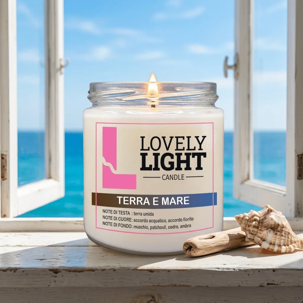 Candela Terra e Mare Lovely Light accesa su una finestra affacciata sul mare