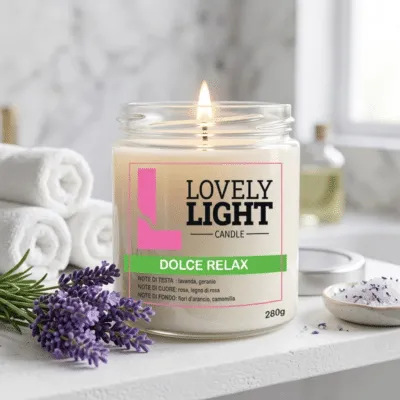 Dolce_Relax_scena1 Candela Dolce Relax Lovely Light accesa in un bagno spa con lavanda e asciugamani
