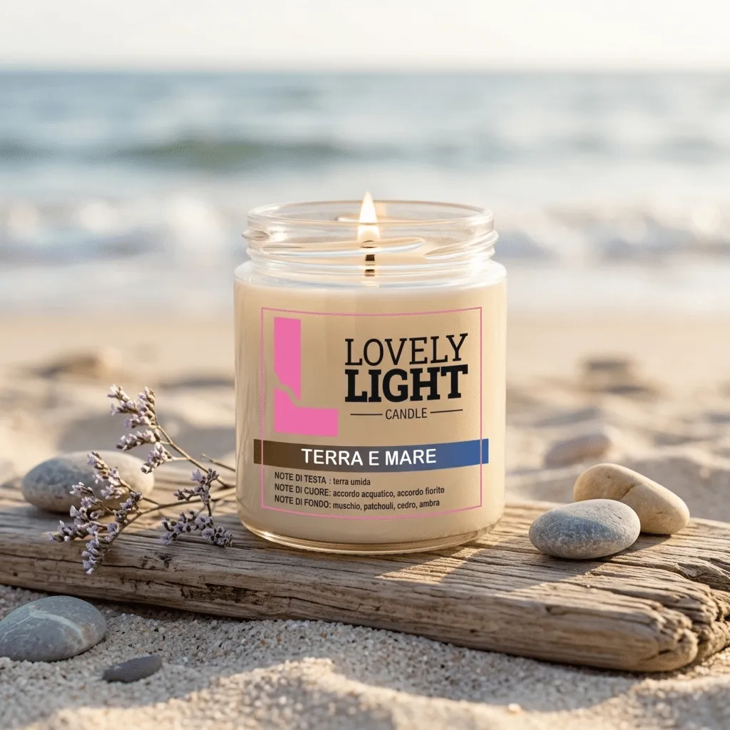 Candela Terra e Mare Lovely Light accesa su un legno di mare sulla sabbia