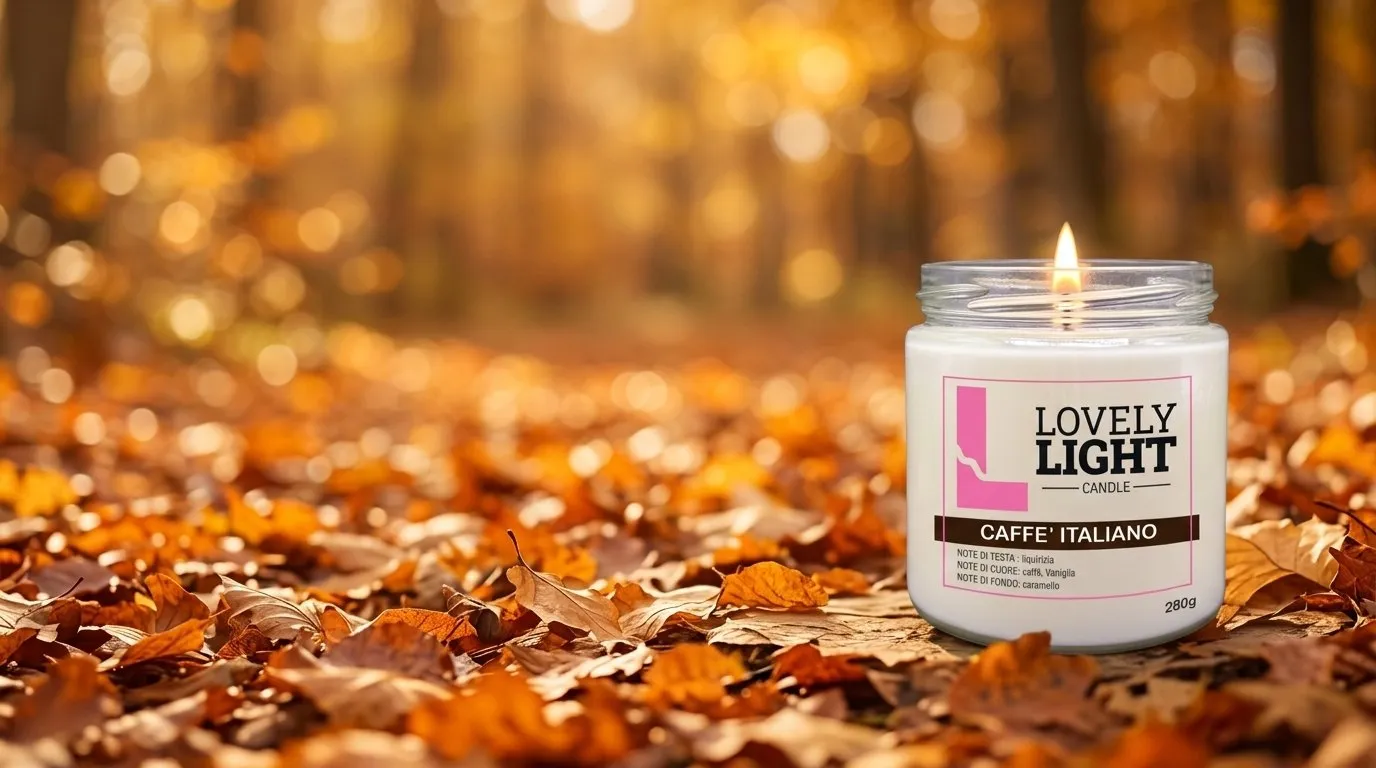 Candela Caff&egrave; Italiano accesa tra le foglie d'autunno