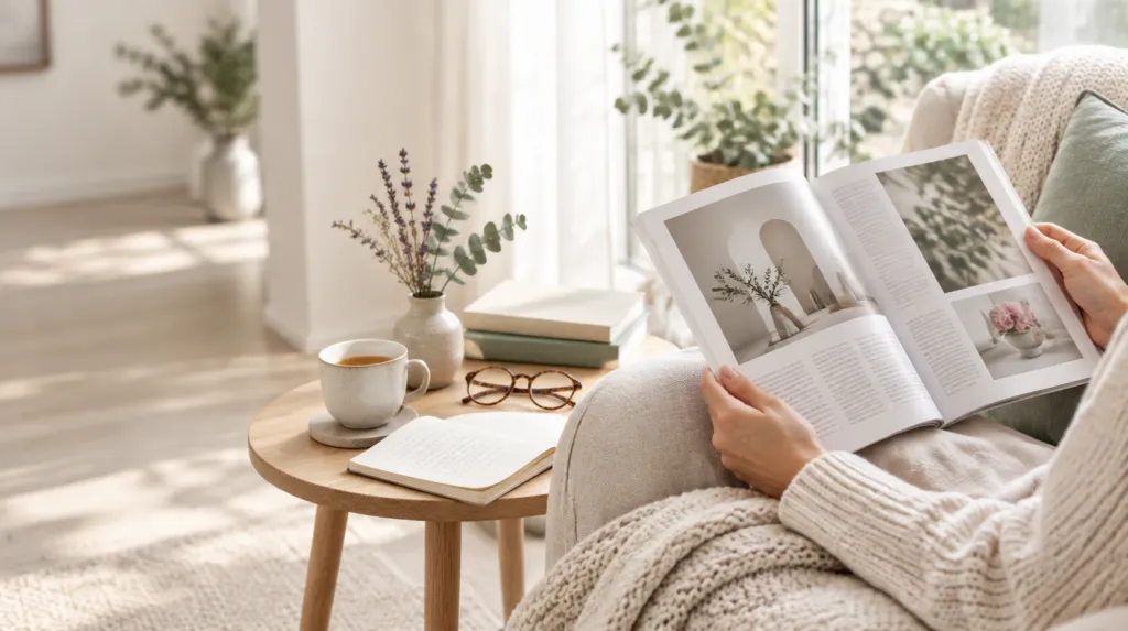 Angolo lettura luminoso con rivista e tazza di tè