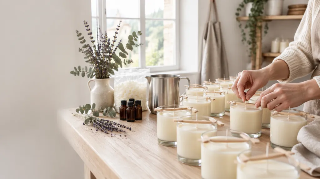 Candele appena colate a mano nel laboratorio Lovely Light