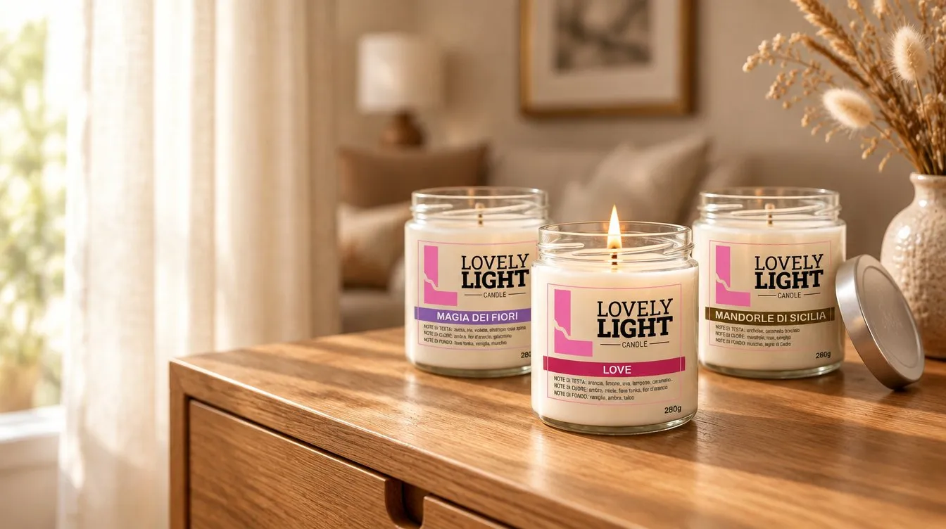 Candele profumate Lovely Light su una credenza in legno